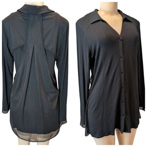 Zoe Black Button Down Long Sleeve Tunic Length Mesh Overlay Top Women's Medium